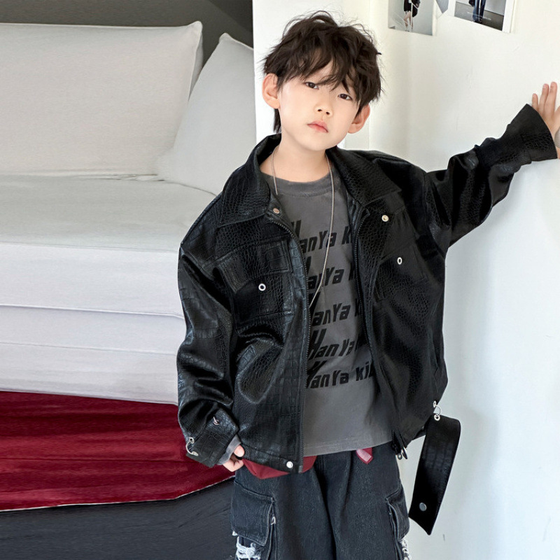 男童皮衣2025秋款中大童韩版痞帅设计感夹克上衣儿童潮酷宽松外套