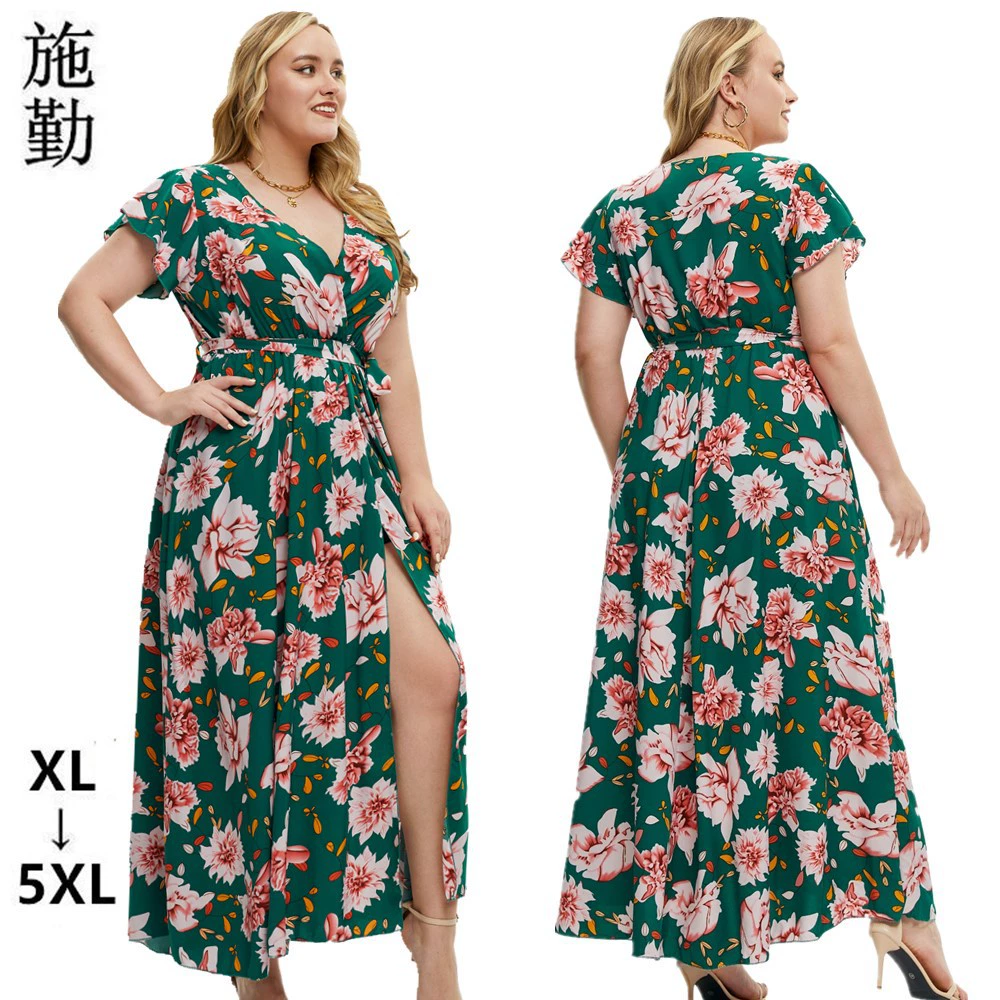 Летнее платье с коротким рукавом и принтом, с разрезом, для женщин больших размеров, европейского и американского стиля, модель SQ0228