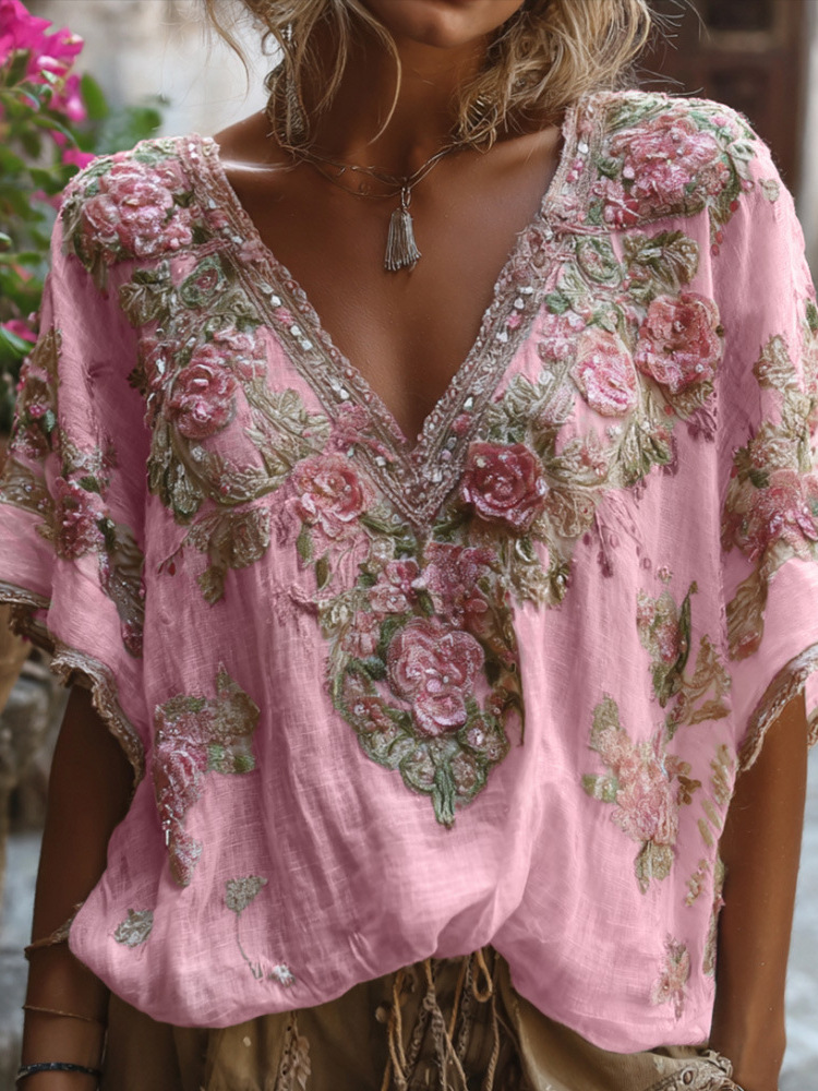 Women's 3D Digital Print V-Neck Mid-Sleeve Top Base Shirt_ecoleips.com