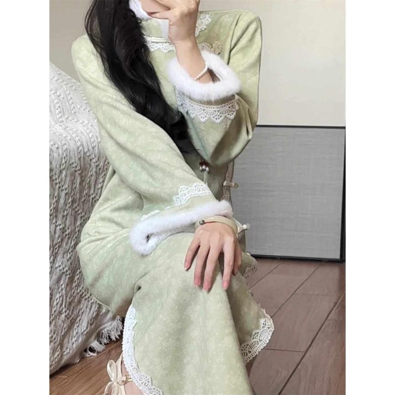 复古民国风倒大袖旗袍秋冬新款少女日常修身绿色改良新中式连衣裙|undefined