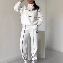 2025秋冬欧美亚马逊跨境外贸女装卫衣字母烫画拉链休闲运动两件套