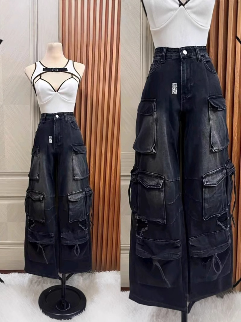Pantalones de mezclilla para mujer, monos, pantalones de moda de piernas anchas con bolsillos múltiples, pantalones Cargo pants wholesale