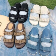 G家新款帆布刺绣印厚底魔术贴拖鞋女2024夏季平底休闲沙滩凉拖鞋