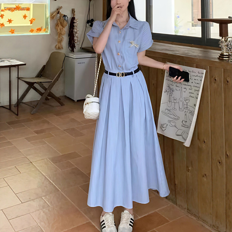 Summer Literary Polo Collar Blue Shirt Dress Plus Size Fat mm Elegant Work Clothing Waist Slimming Look Stripesd Skirt
