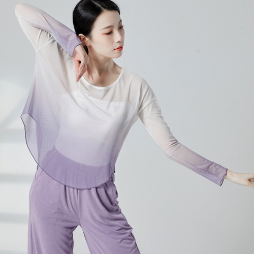Gradient mesh top, off-shoulder long-sleeved modern dance practice clothing, female performance outfit, adult classical dance gauze clothing