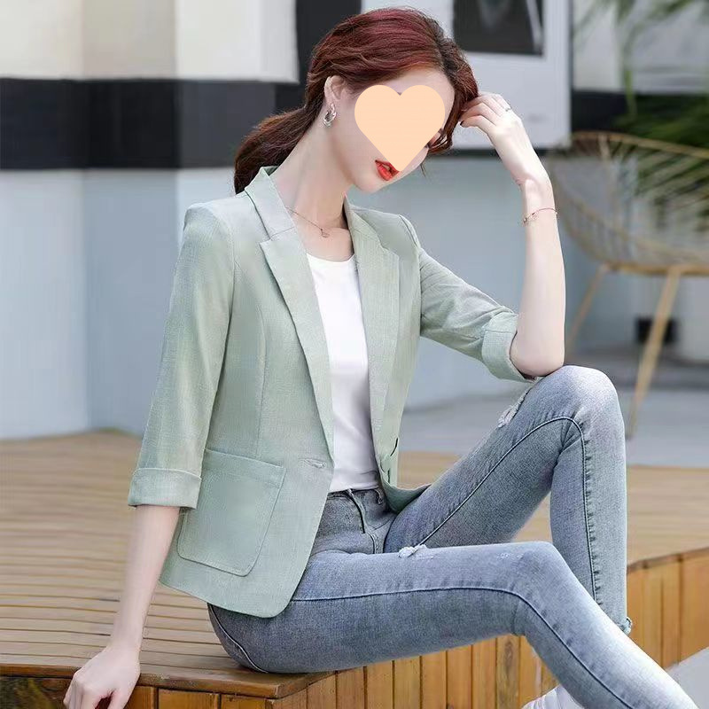 Thin Linen Three-Quarter Sleeve Blazer for Women Spring and Summer New Casual Short Cotton and Linen Blazer for Sunbathing