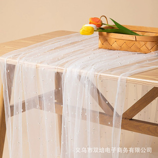 Amazon Cross-Border Pearl Mesh Table Flag Gauze Manufacturer Wholesale Table Towel Wedding Decoration Party Reception Tulle