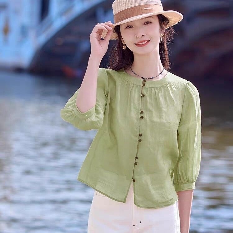 Artistic Retro Round-Neck Shirt, Plus-Size Loose Fit, Three-Quarter Sleeve Casual Women's Clothing, 2026 Summer New Versatile Stylish Top Artistic Retro Round-Neck Shirt, Plus-Size Loose Fit, Three-Quarter Sleeve Casual Women's Clothing, 2026 Summer New Versatile Stylish Top