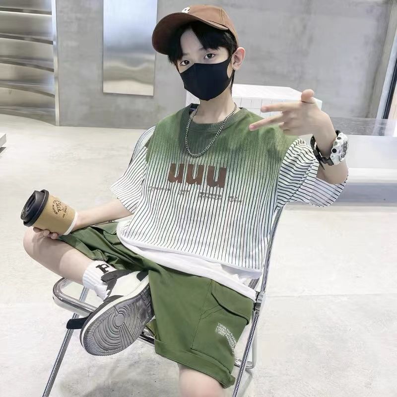 (2개) 소년 반팔 세트 여름 큰 어린이 2024 새로운 어린이 여름 캐주얼 소년 세련 된 잘 생긴 유행 쿨