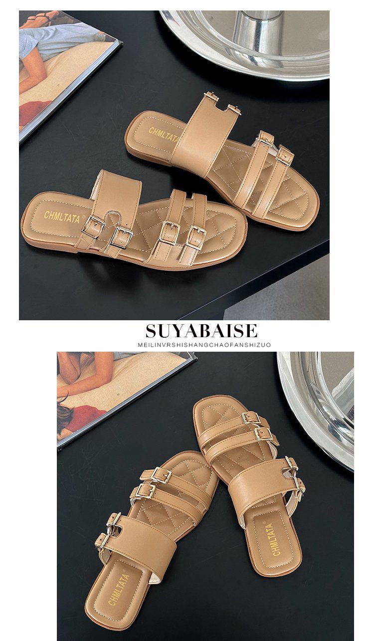 2023 neue bequeme flache Hausschuhe, Sommer-Strandschuhe für Damen im Freien, Doppelschnalle, stilvolle Einriemen-Lazy-Sandalen_voghion.com