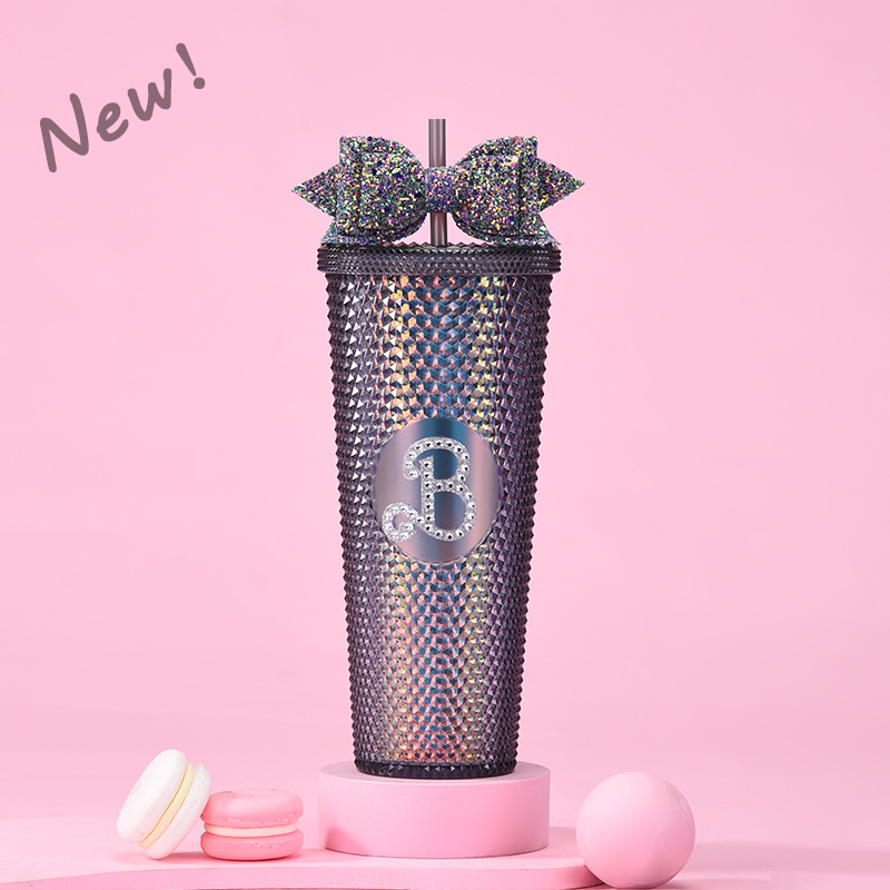 Taza de paja de plástico de doble capa 710ml taza de paja de gran capacidad con brillo arco mano taza Durian taza