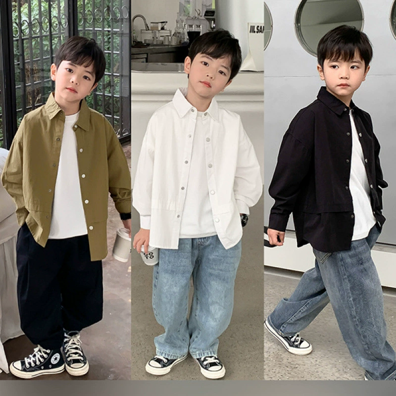 Рубашка с длинными рукавами для мальчиков, осень 2025, новая детская однотонная рубашка для детей старшего возраста, весенне-осенняя стильная корейская версия, модный топ