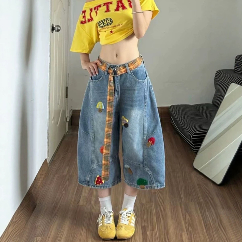 American retro style women's summer thin high-waisted slimming 7/8 jeans, straight wide-leg denim cropped pants for women American retro style women's summer thin high-waisted slimming 7/8 jeans, straight wide-leg denim cropped pants for women