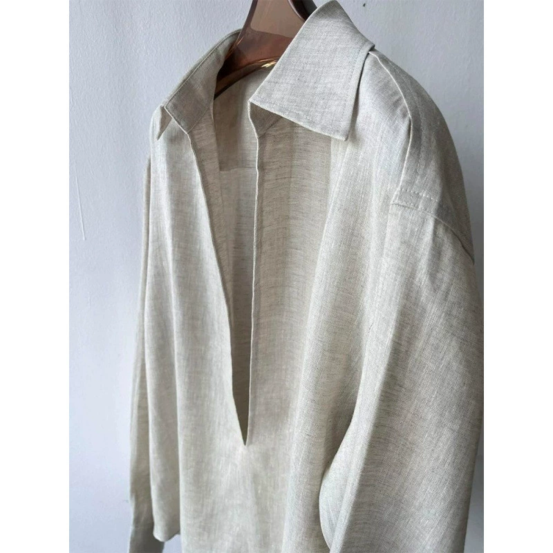 Нежная, элегантная, легкая роскошь, рубашка из абрикосового льна, минималистичный пуловер с глубоким V-образным вырезом, элегантный дизайн, увеличивающий рост оптом.