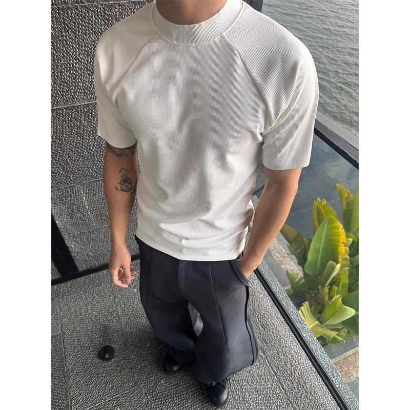シンプルな小さなネックライン半袖メンズ夏アメリカンハーフタートルネックヘビーフィットネスショルダーTシャツテクスチャードスリム半袖|undefined
