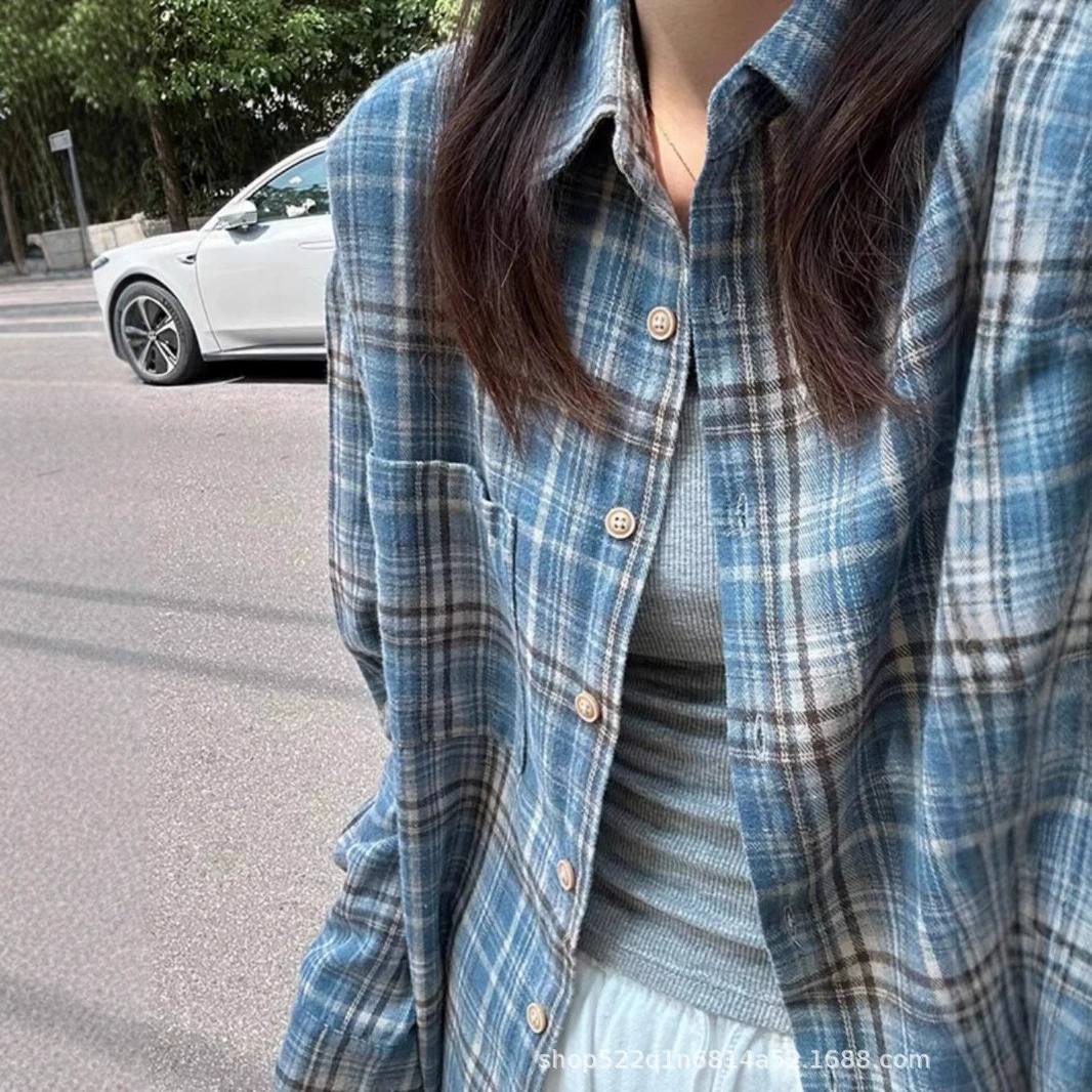 Рубашка шлифовальная синяя клетчатая рубашка женская весна и осень ретро свободная повседневная рубашка с длинными рукавами пара тонких пальто прилив