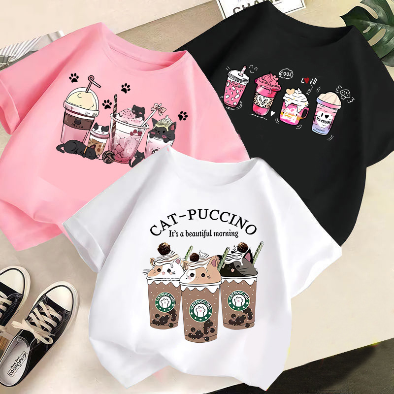 Boys and Girls Short-Sleeved T-Shirts 2026 New Style Girls Summer Stylish Tops Cartoon Cat Print Half-Sleeved Cross-Border Children's Clothing