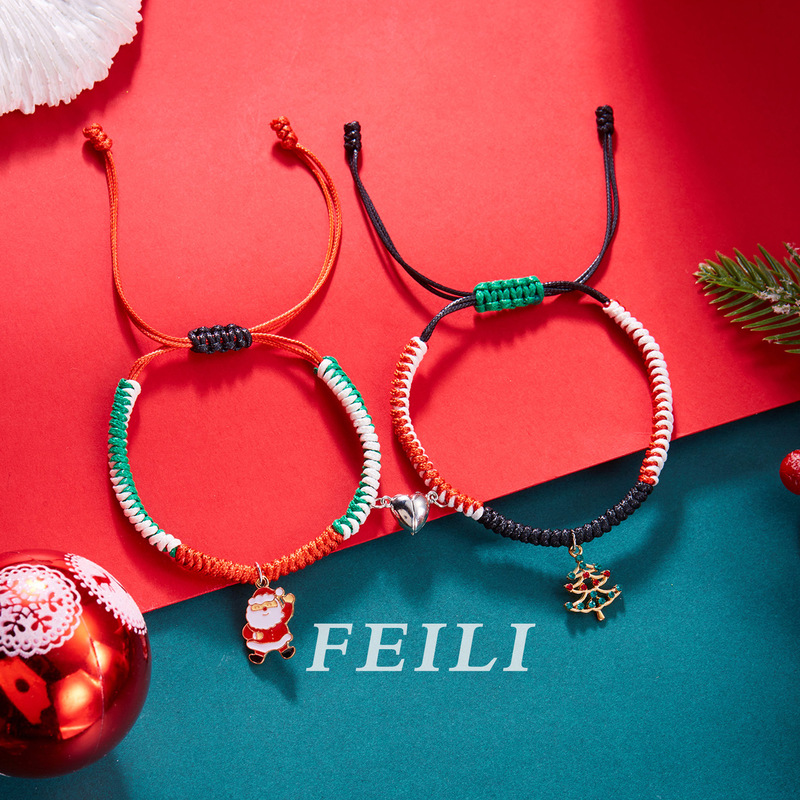 European and American Christmas element couple woven magnetic buckle bracelet adjustable Santa Claus Christmas tree pendant hand rope