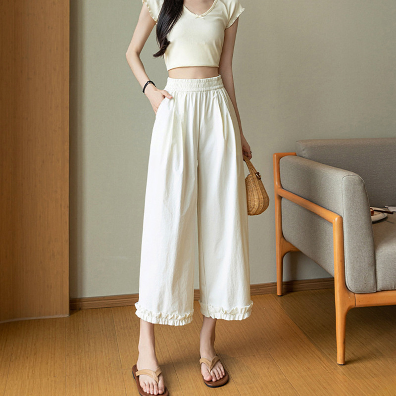 Summer Thin Plus-Size High-Waisted Slimming Wide-Leg Pants with Ruffled Edges, Quick-Dry Ice Silk Women's Pants, Seven-Quarter Straight-Leg Casual Pants
