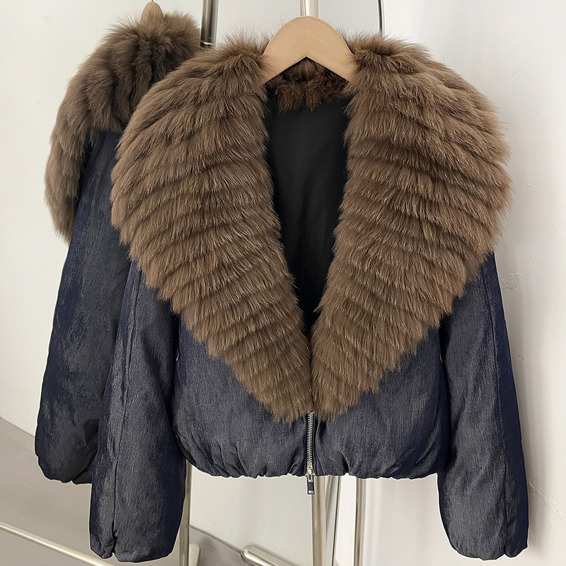 New European and American winter style short down jacket with genuine fox fur trim, 90% duck down, stand-up collar, thickened and warm