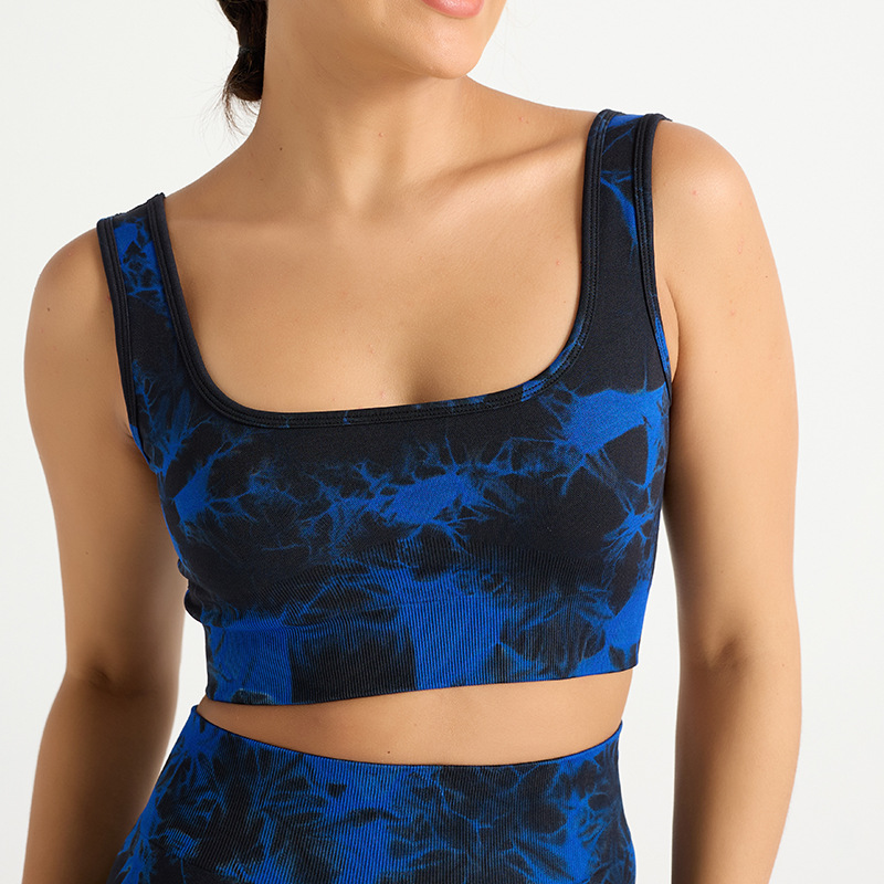 Nuevo traje de yoga de secado rápido de cadera deportivo de cintura alta sin costuras europeo y americano de tres piezas pantalones de yoga de teñido ajustado para mujer