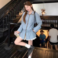 法式蓝色条纹长袖衬衫连衣裙女早秋高级感收腰衬衣气质polo领上衣