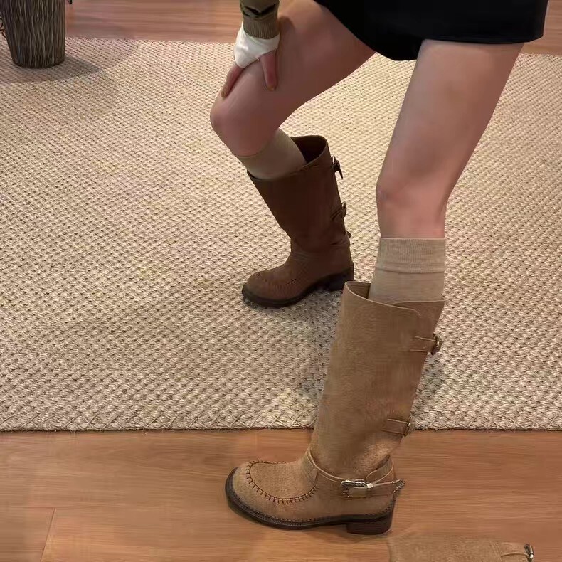 美拉德风复古堆堆靴西部牛仔靴高筒骑士靴女不过膝靴子高跟长筒靴|undefined