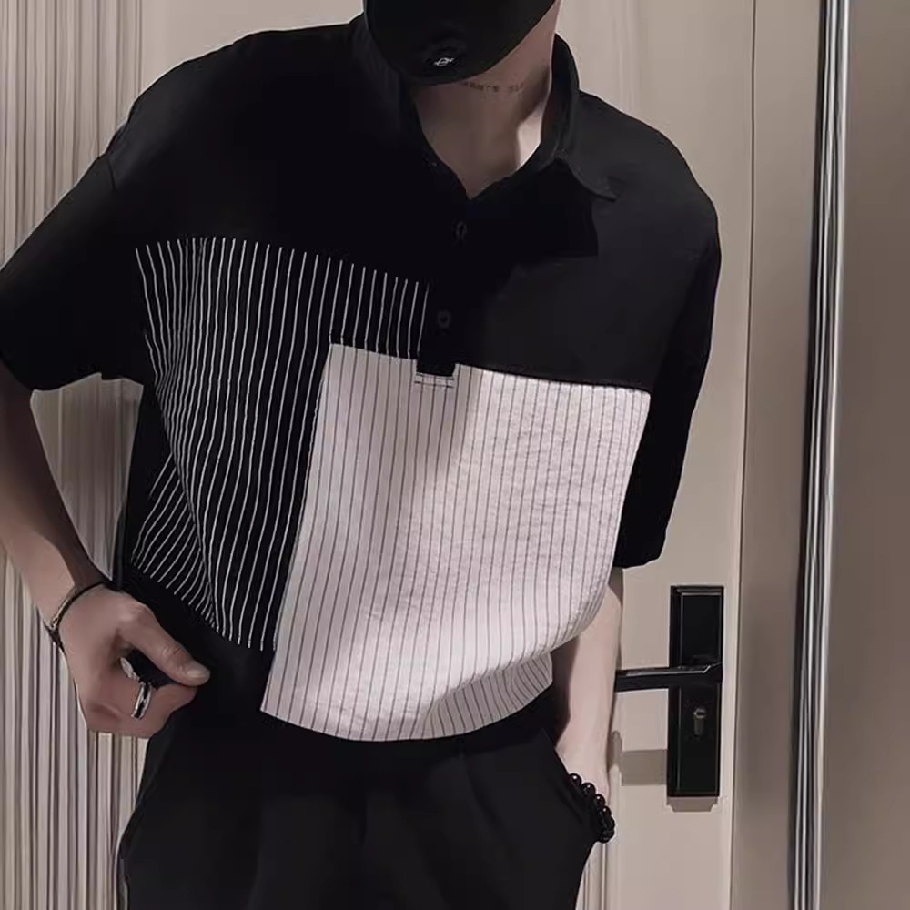 Vintage Contrast Polo Shirt Short-sleeved Men's Striped Cotton T-shirt Summer Seven-sleeved Fashionable Small Shirt