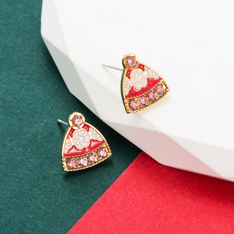 Cute Christmas Hat Alloy Enamel Rhinestones Women's Ear Studs 1 Pair display picture 2