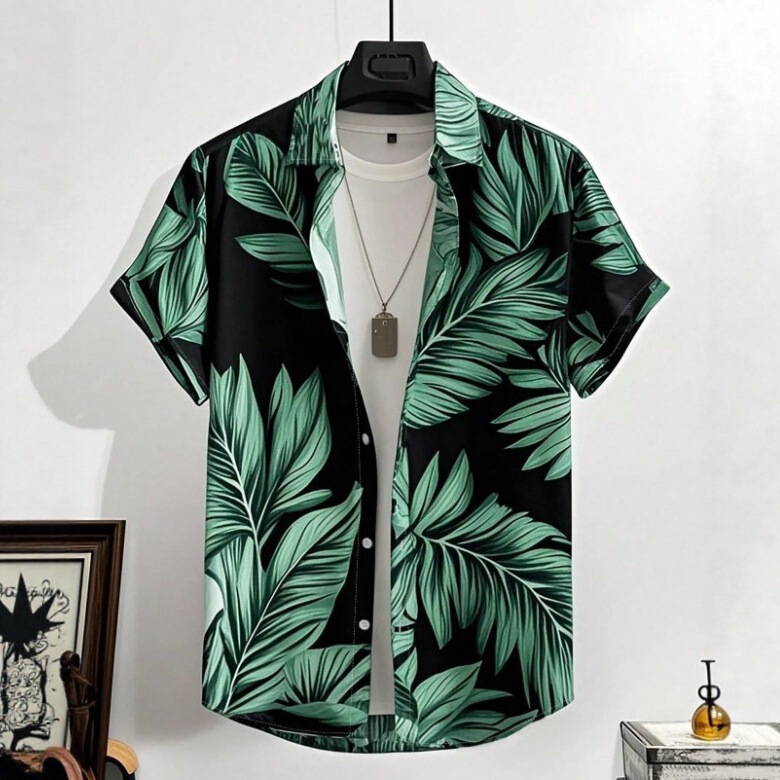 Cross-Border Men's Clothing Summer Hawaiian Resort Style Casual Tropical Plant Print Men's Short-Sleeved Shirt