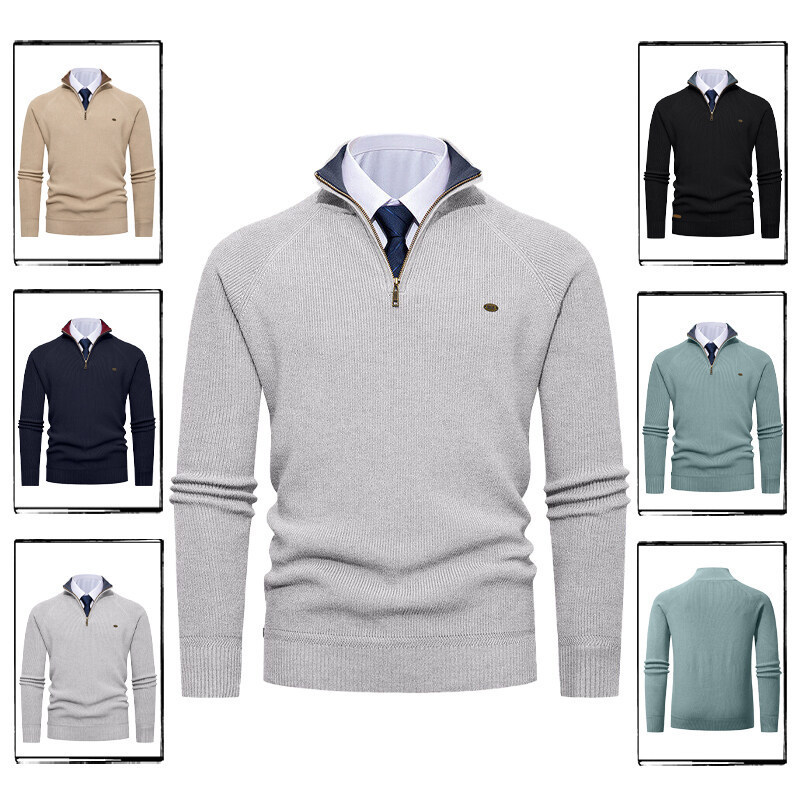 Amazon Aliexpress Autumn and Winter Men's Fashion Vertical Pit Strip Knitwear Half Zipper Stand Collar Thickeneded Warm Knitwear