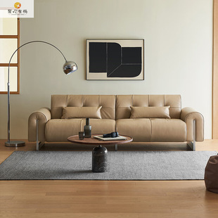 Italian Retro Cowhide Sofa Straight Row Small Apartment Leather Sofa Duchess Sofa Living Room Simple and Fashionable New Style