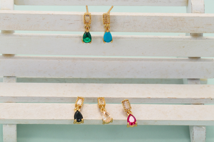 2g Weight Electroplating Gold Plating Process Retro Style Water Drop Inlaid Colorful Zircon Copper Earrings Wholesale