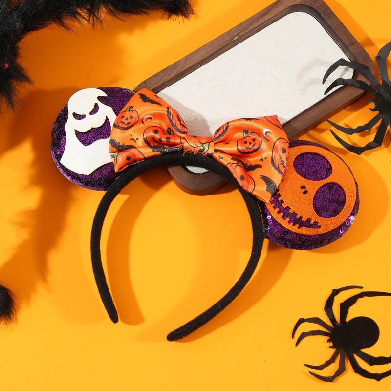 ハロウィンプリントクモの巣カボチャサテンかわいいQバージョンミッキー耳リボンヘッドバンドヘアアクセサリー|undefined