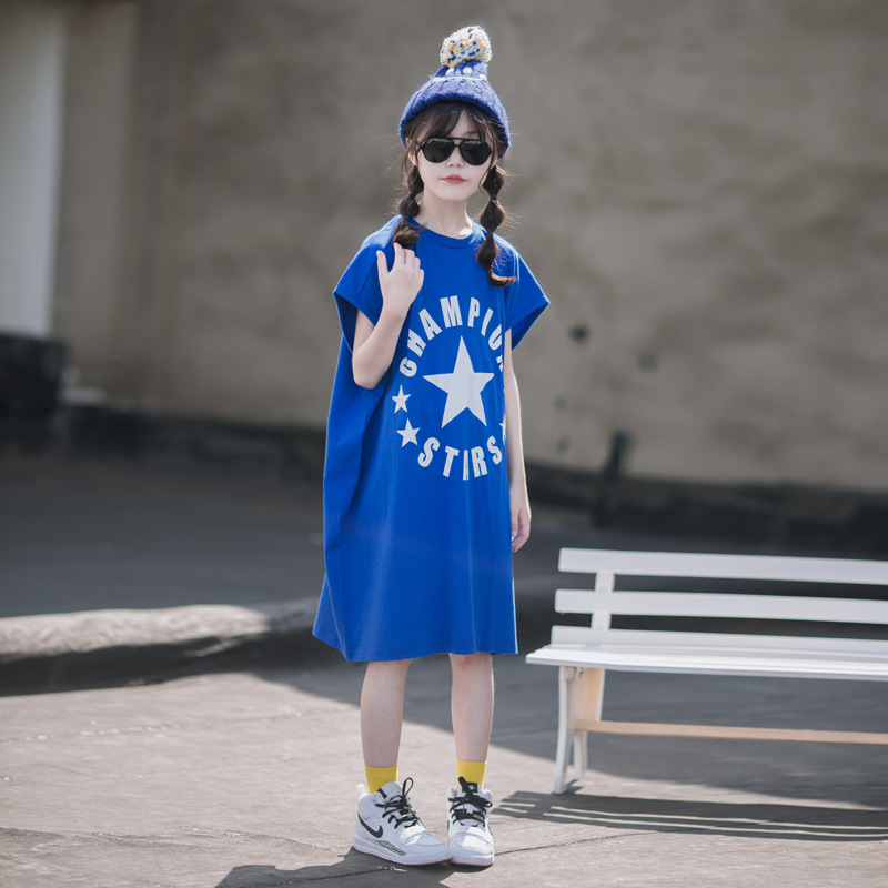 Vestido de ropa de verano para niñas 2023 nueva ropa de estilo occidental para niños falda de manga corta para niños falda de camiseta larga para niñas de verano