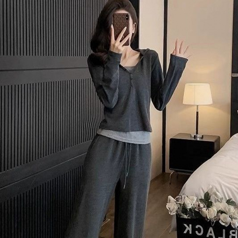 新款洋气时髦套装女假两件长袖上衣+阔腿裤显瘦显高两件套潮|undefined