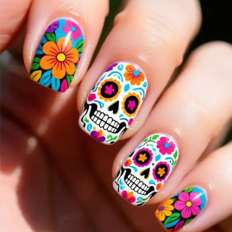 Halloween detachable fake nails with short square shape, colorful floral and skull patterns Halloween detachable fake nails with short square shape, colorful floral and skull patterns