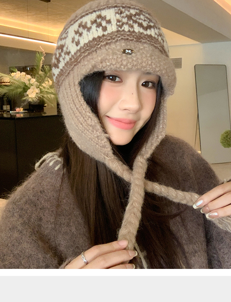 Fair Isle Style Retro Knitted Wool Autumn Winter Fleece Lined Thickened Warm Ear Protection Versatile Large Head_voghion.com