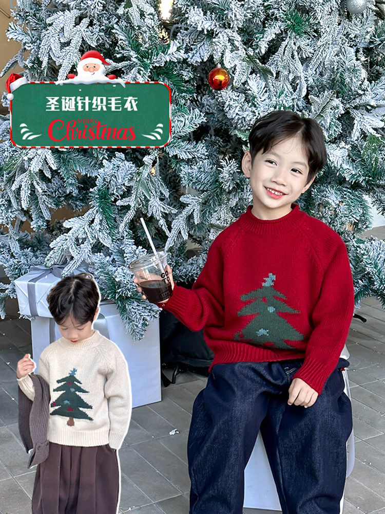 M-164童装圣诞节新年节日童装男童红色毛衣儿童针织衫秋冬季男孩