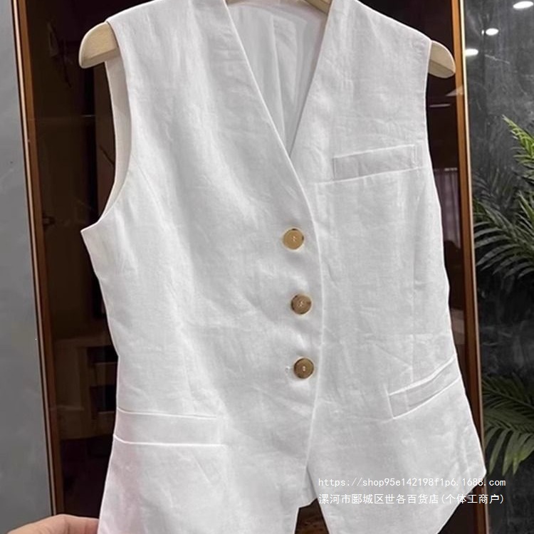 Old-fashion style white linen suit vest for women, spring/summer high-end retro V-neck cotton linen vest.