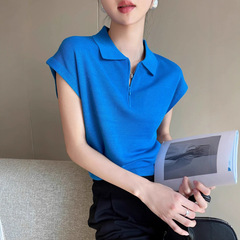 PINKEEN蓝色polo领针织短袖女夏季2025新清爽老钱风百搭套头上衣