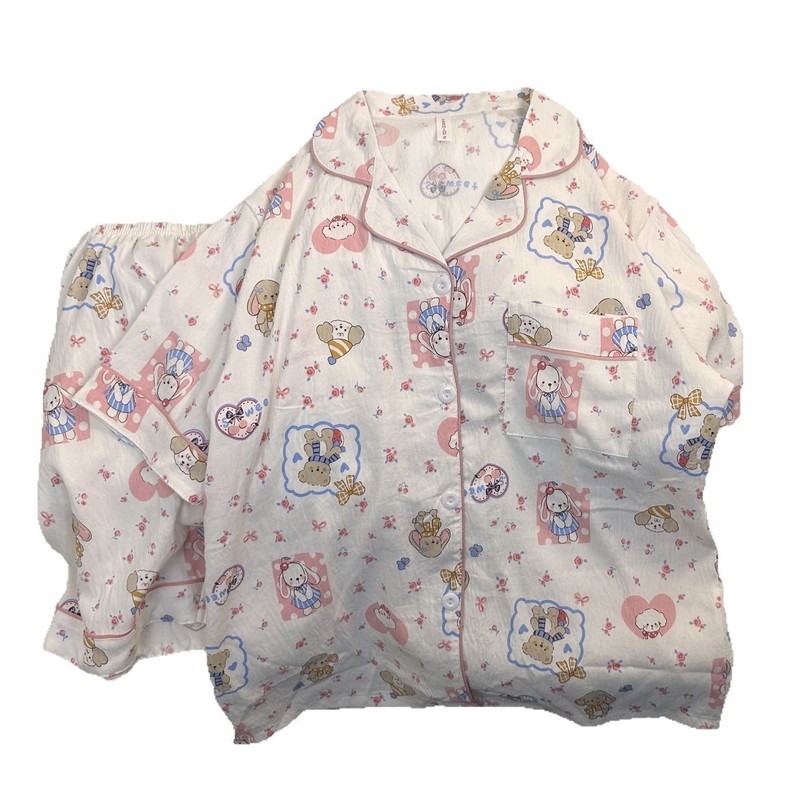 売れ筋クラウドコットン日本花柄バニー夏パジャマ女性は半袖ショーツプリントホーム服を着ることができます|undefined