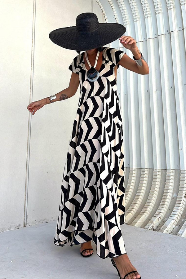 Women's Swing Dress Simple Style V Neck Backless Short Sleeve Geometric Color Block Maxi Long Dress Holiday Daily display picture 14