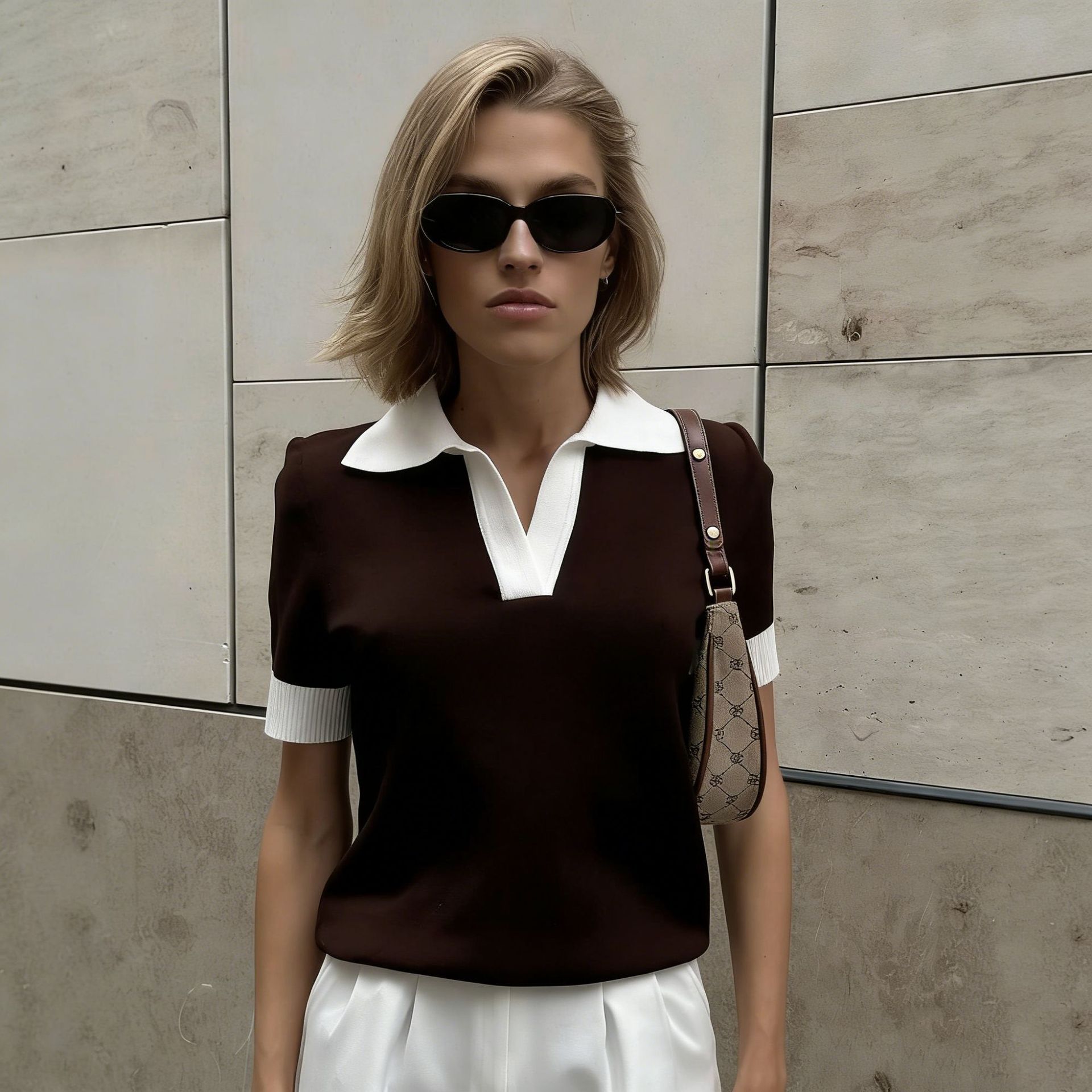 Women's Knitted Cropped Top Color Block Lapel Short-Sleeved Summer Elegant Commuter_voghion.com