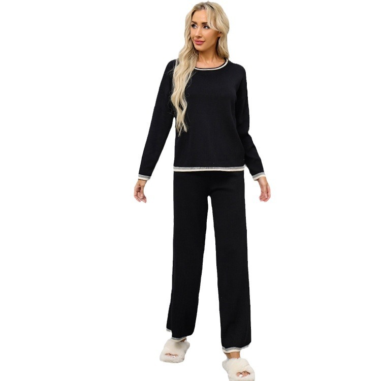 Damenbekleidung Gestrickte Freizeitanzüge, neue kontrastfarbene, langärmelige, lockere Oberteile, weite Hosen, modische zweiteilige Anzüge für Damen_voghion.com