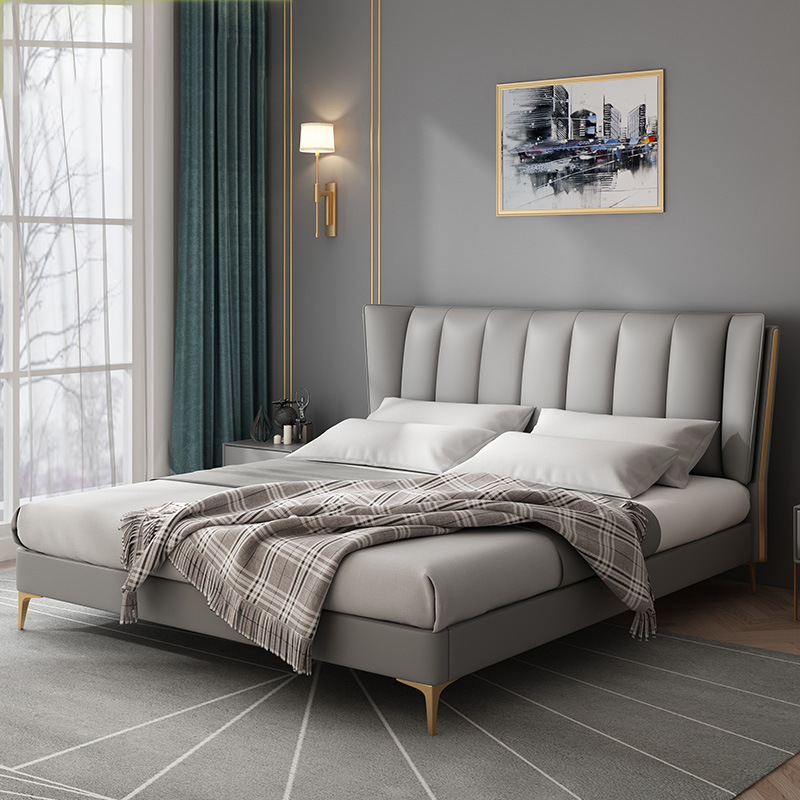 Luz de lujo moderna cama de cuero genuino dormitorio simple cama doble apartamento pequeño dormitorio principal 1,8 m borde cama de cuero ins cama de boda