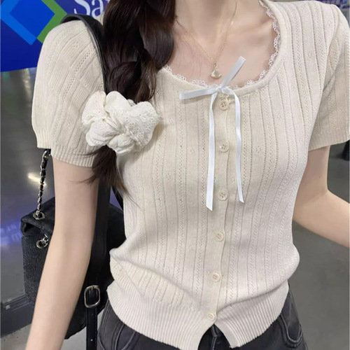 Lace short-sleeved short ice silk knitted top for women's summer French miu, small man, clear waist, European style