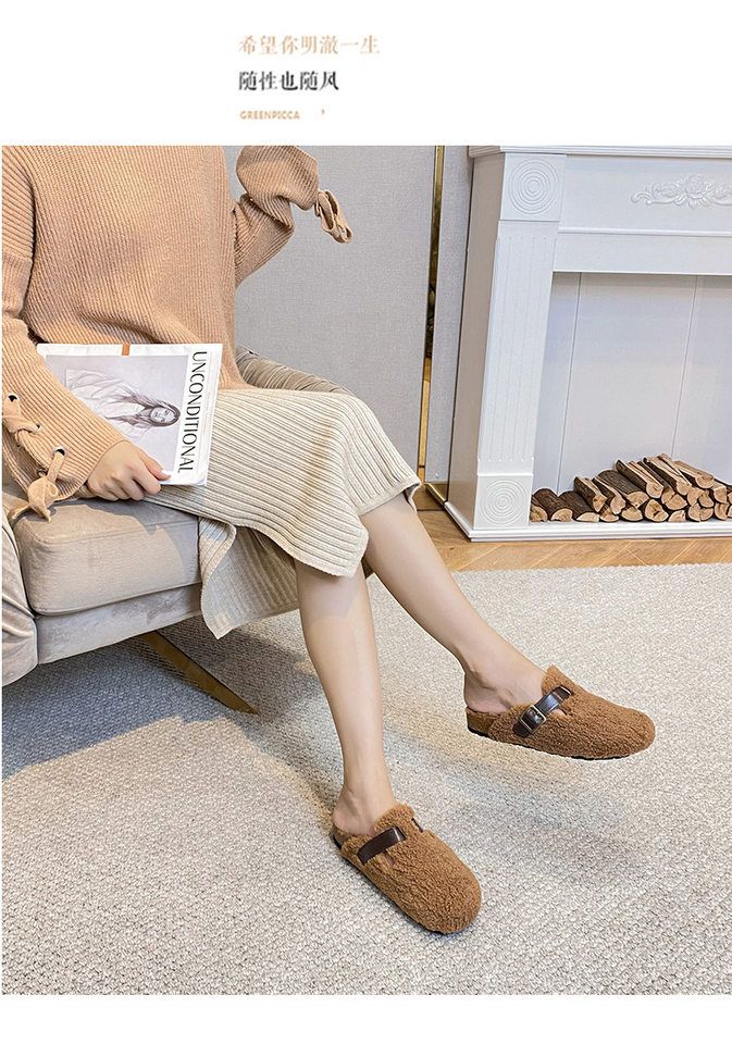 Dép nửa gót bít mũi lông xù kiểu Birkenstock cổ điển cho nữ, mũi tròn — Màu nâu, Màu trắng sữa, Màu đen chi tiết 19