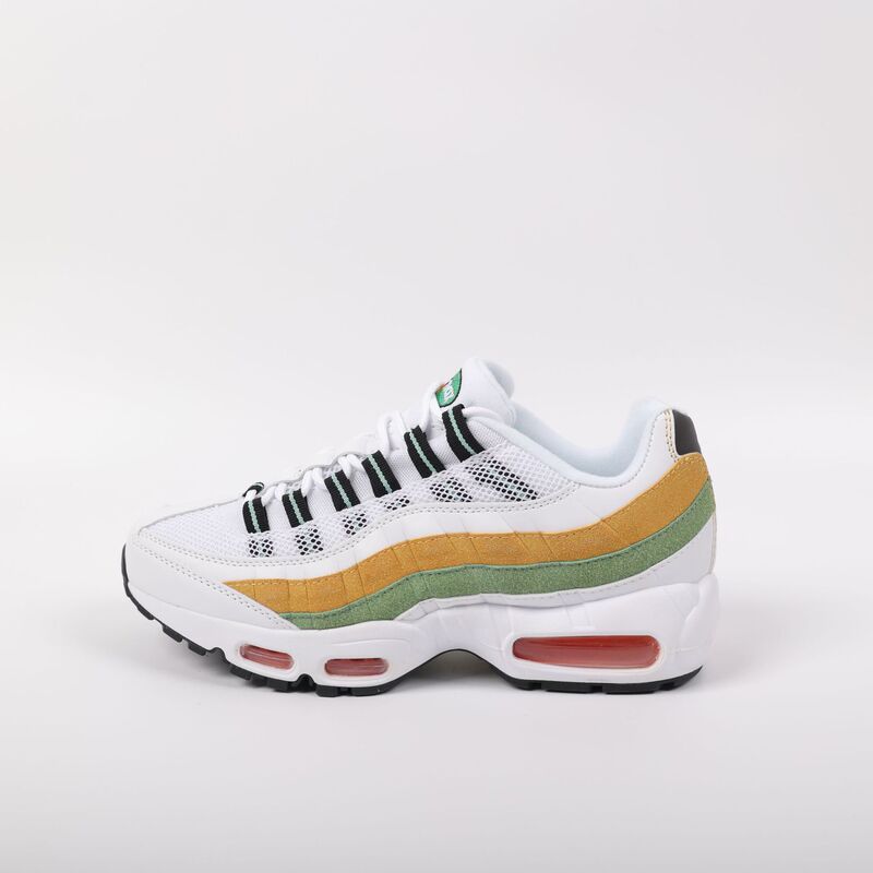 Air Max95 Pure White Mesh Fabric with Mustard Yellow and Light Green Layered Black and Green Striped Shoelaces Running Shoes Air Max95 Pure White Mesh Fabric with Mustard Yellow and Light Green Layered Black and Green Striped Shoelaces Running Shoes