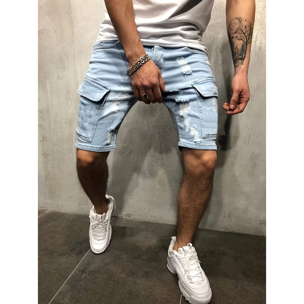 Men's Ripped Denim Shorts, Summer Stretch Cotton Cargo Shorts With Side Pockets, Slim Fit Casual Streetwear Style_viptrois.com